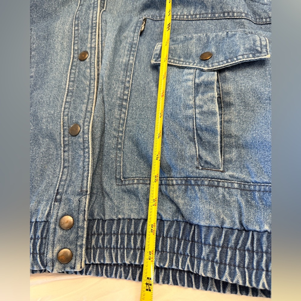 Izzi Women’s L Vintage 1980’s Retro Denim Vest Jacket Hide Hat Hoodie Lined - Picture 12 of 14